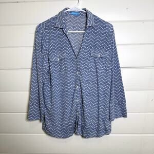 J. McLaughlin Brynn Shirt Womens XL Blue Linen Blend Chevron Long Sleeve